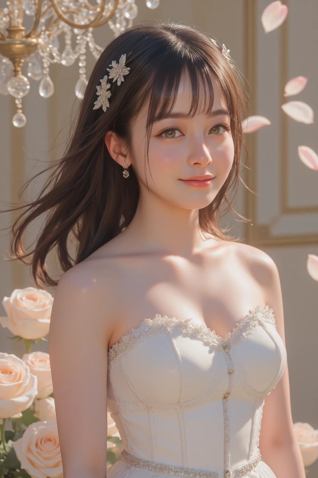 A young woman with long, wavy pastel-colored hair sits gracefully, dressed in an elaborate, fantasy-themed gown. The gown features a mix of soft pastel colors, including pink, blue, and lavender, adorned with sparkling embellishments and a large bow at the bust. She has a pair of large, fluffy cat ears on her head, matching her soft, fluffy tail. Her eyes are large and expressive, with a gentle and inviting expression. The scene is softly lit with a magical, dreamy ambiance, highlighting her smooth skin and the intricate details of her outfit. She wears delicate jewelry, including a butterfly hair clip, adding to the whimsical nature of her appearance. The background is soft and blurred, enhancing the ethereal feel of the image.
