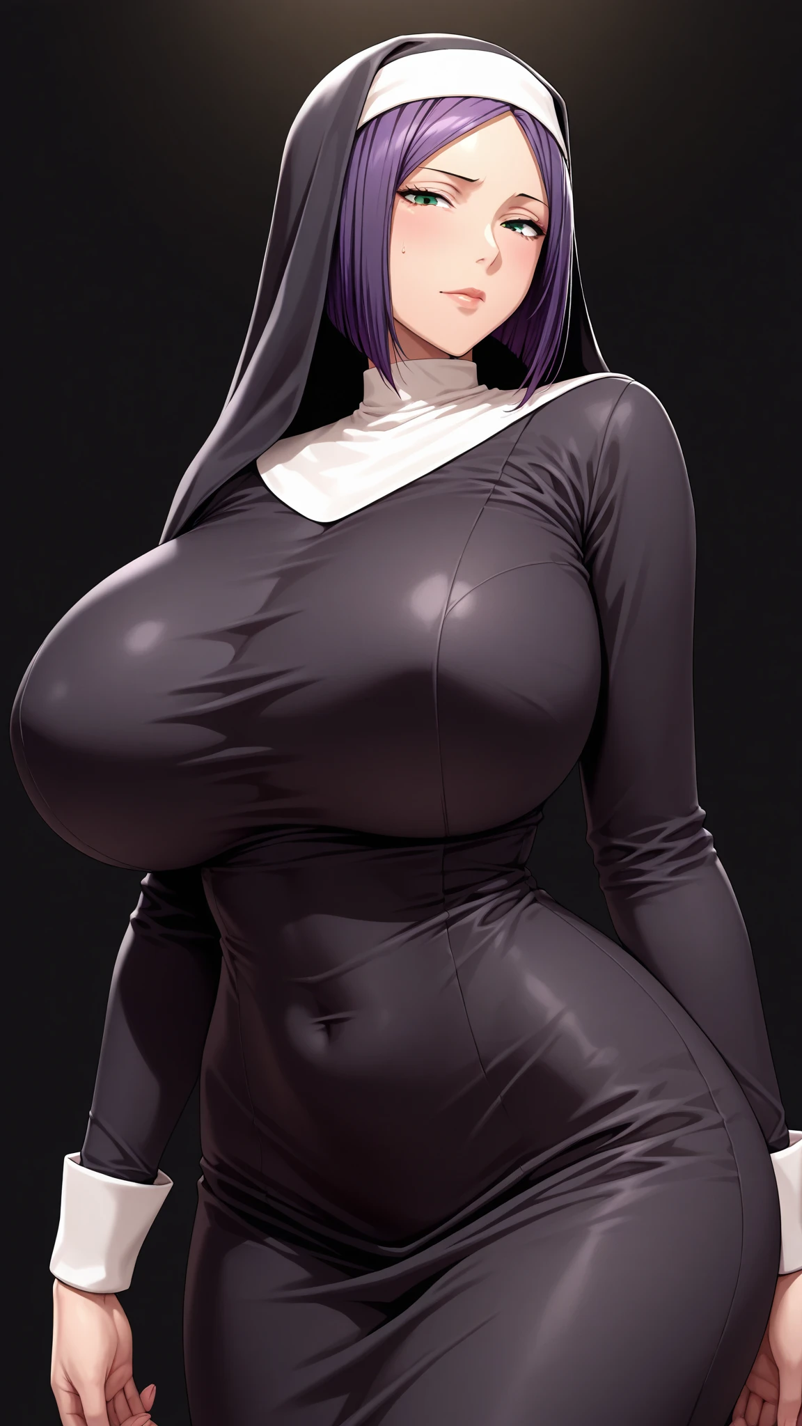 a woman nun big breast sexy bored serious sad emo sleepless eye sleep tired short black hair her pink eye dresses nuns suit shows navel and a long black skirt