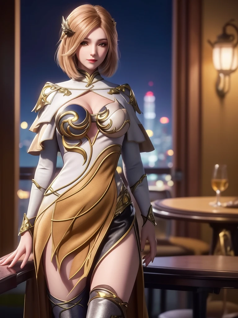 1girl, mature female, looking at viewer, cityscape, night,armor,hair ornament, thigh boots, asymmetrical clothes,short capelet, <lora:dldlHULIENA_20230726140020:0.75>,gold trim,multicolored dress,