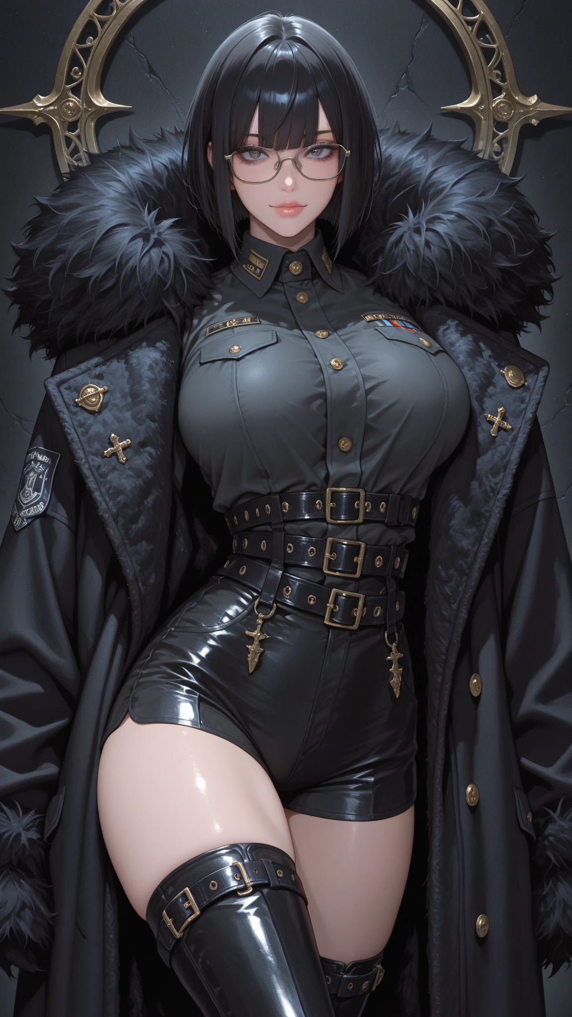 masterpiece, best quality, 1girl, solo, cowboy shot, looking at viewer, standing, <lora:vesti-nikke-richy-v1:1>, vesti \(nikke\), red necktie, black shirt, black thighhighs, jacket, cape, long sleeves, beret, black shorts, hands on hips