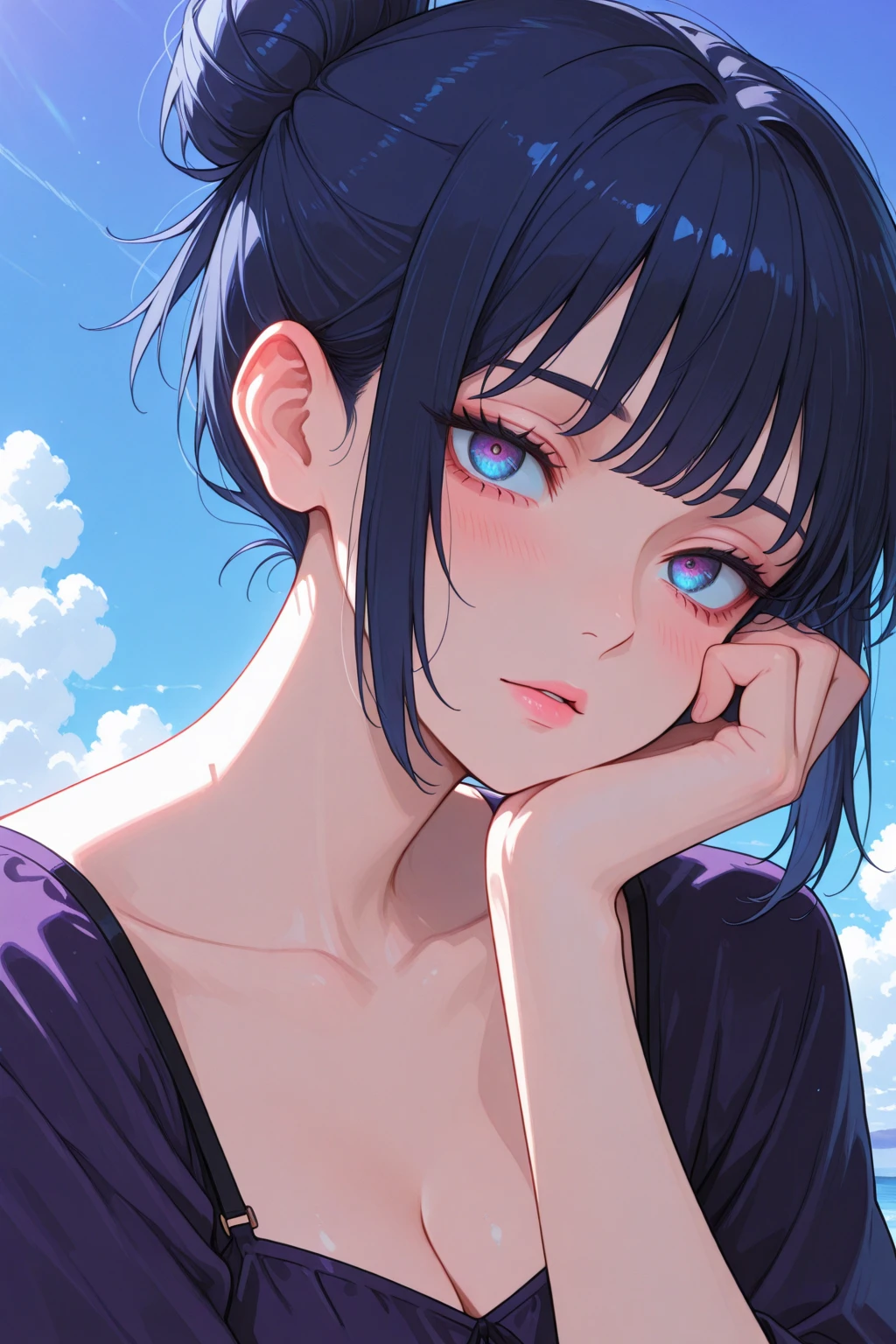 masterpiece, (black kimono), seductive face, good lighting, décolleté, small details, masterpiece, glowing eyes, 1girl, black hair, on face, Mikasa Ackerman , wisteria background, masterpiece, best quality, POV, erotica , laying on the water , blood , creepy