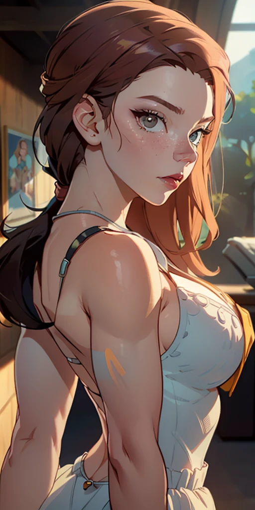 tmasterpiece, Best quality at best, ultra - detailed, realistically, lamplight,beautidful eyes, dress room, Close-up cleavage, (breasts focus), (squatt:1.2), (from below:1.1), legs are open, red blonde, pony tails, mediuml breasts, (Protruding cleavage:1.3), cropped shoulders:1.1), shorter pants, Crop top