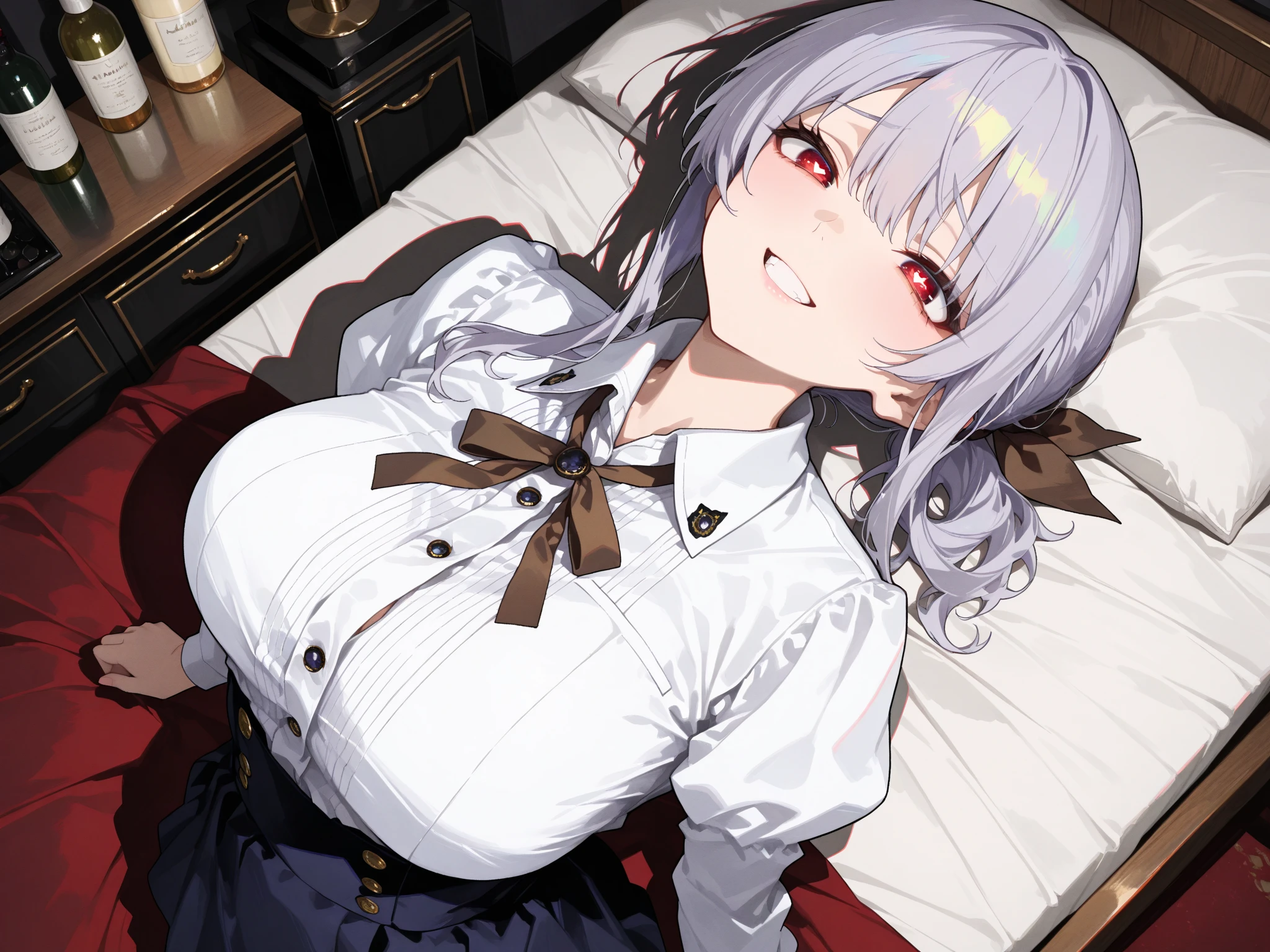 score_9, score_8_superior, score_7_superior, sauce_anime, evaluation_Safety, hakase fuyuki, One girl, Virtual YouTuber, Red eyes, Gray Hair, Long hair short hair, Low twin tails, Side Lock, Hair Clip, Neck ribbon, Red ribbon, Black sweater, Collared shirt, Open jacket, White jacket, flower, Tea belt, Long sleeve, Sleeves are longer than the wrist, White gloves, Pleated skirt, Black Skirt,  Black Pantyhose, Lying in bed，Dutch Angle, Particles of light, light, Research Room, window, window shade，masterpiece, Highest quality, High resolution，Titty fuck，Hakase Fuyuki，Virtual YouTuber，vtuber，nsfw，bare breasts，penis，paizuri，breast squeeze，Hakase Fuyuyuki，1boy，男がsuperiorに乗っている，Horse riding，From the head，Sleep，lies down on bed，male on top，from head side，lies down on bed，Horse ridingTitty fuck，sleepy，gigantic breasts，Huge breasts，A woman is sleeping on her back，A woman is sleeping in bed