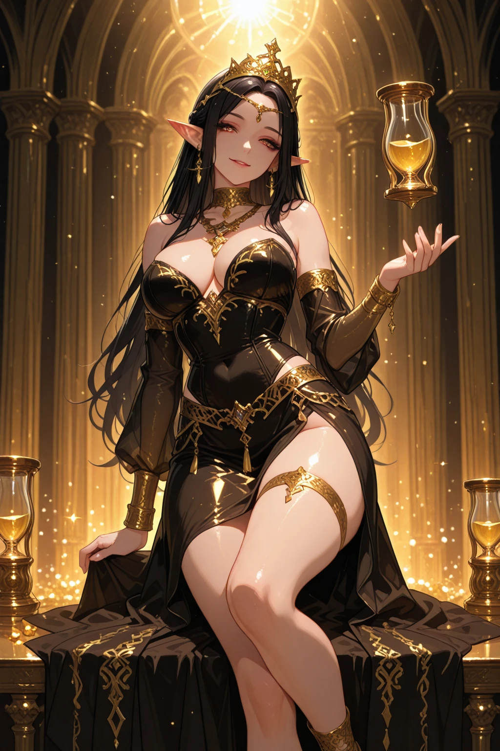 long hair, black hair, medium breast, slim legs, happy, brown gown, cleavage, arabian belly dancer , skirt, rin tohsaka, twin tail, navel, garden, night, blue eyes, tiara, sitting, thigh high socks