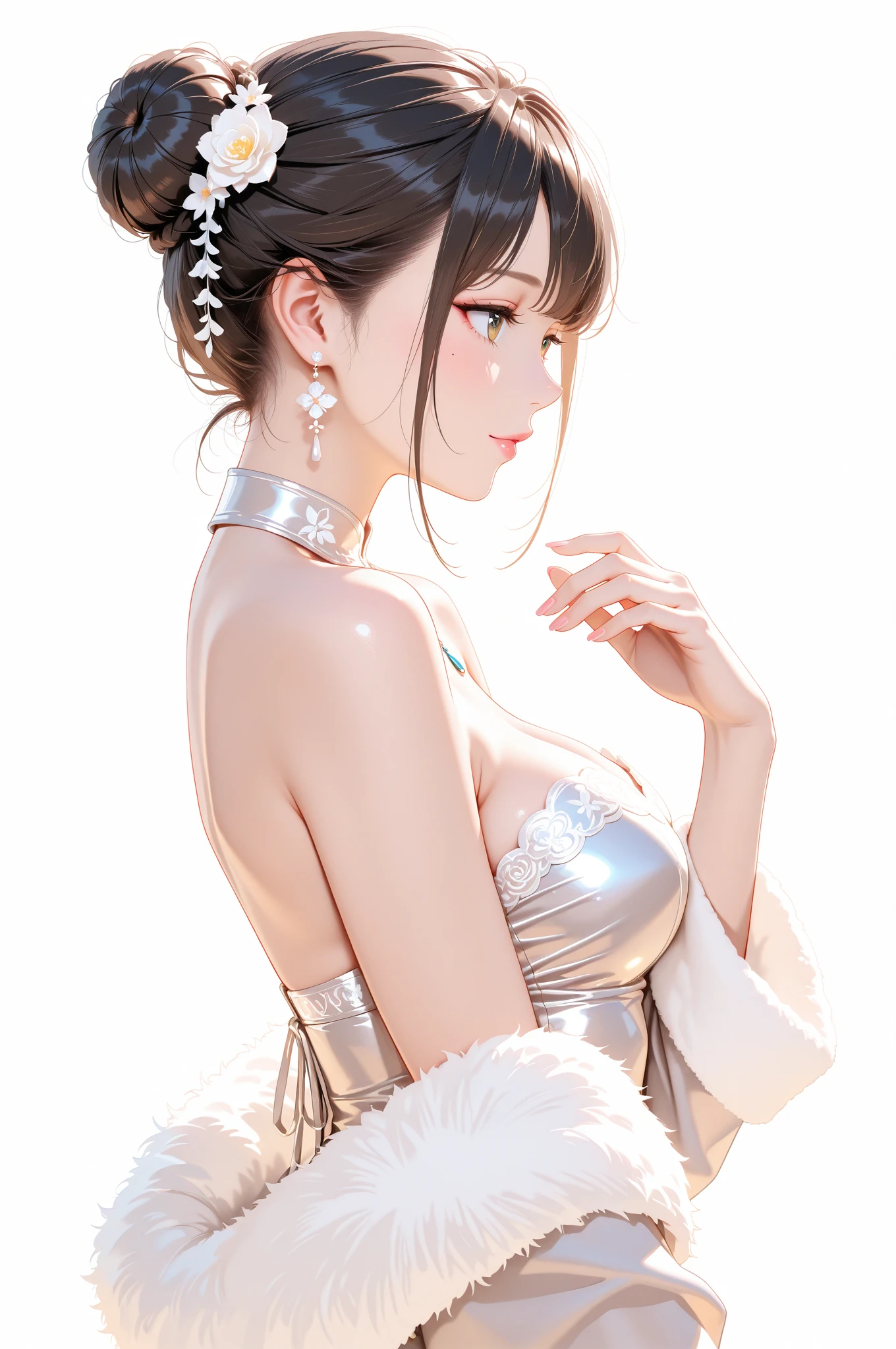 (Realistic:1.5, 16K, Highest quality, masterpiece, Ultra-high resolution), Perfect dynamic composition:1.2, ((woman1people)), ((Stylish party venue:1.5)), ((Bright venues:1.5)), (Expressions of sadness:0.9), (((Gorgeous white party dress:1.5))), Highly detailed skin and facial textures, Incredibly slim body, Fair skin:1.2, Sexy beauty, Very beautiful face:1.5, (short hair), (Neat bangs:1.5), ((Voluptuous body:1.5)), (Firm and shapely D cup breasts), ((Both arms behind the head)), (Big eyes that exude beautiful eroticism:0.8, Lips that exude beautiful eroticism:0.8), necklace, Earrings, bracelet, wedding ring,
