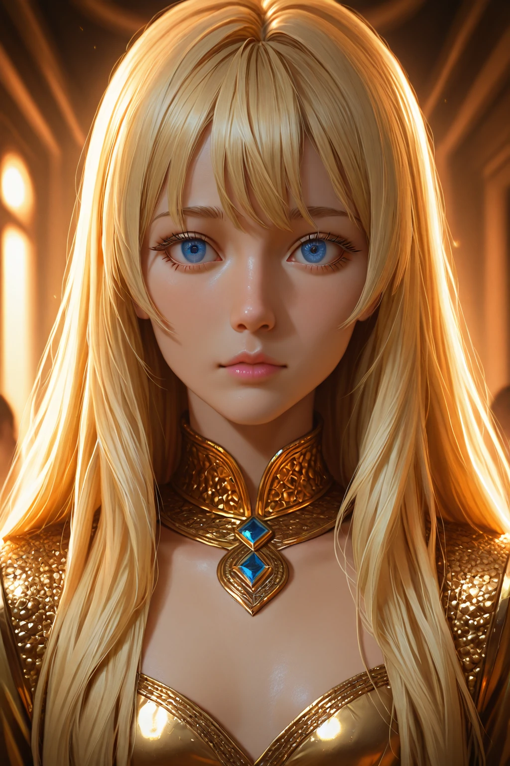 absurdrez, ultra detali, high qualiy, work of art,  face detailed, gorgeous eyes(detailedeyes), greek mithology, goddess, hera , the queen of the gods, striking and captivating, features are classically beautiful, with high cheekbones, a face of perfect proportions, eyes portrayed as large and captivating, keep an intense gaze, golden blonde hair , Blonde hair with short bangs is lush and flowing, cascading down the coast in waves , wearing elegant robes adorned with intricate patterns , Your beauty is not only superficial, but embodies the essence of power, autoridade, and royalty., Holding a golden scepter in his hand, strong, warm silhouette lighting, volumetric lighting, slendered abs, Eyes seductive,