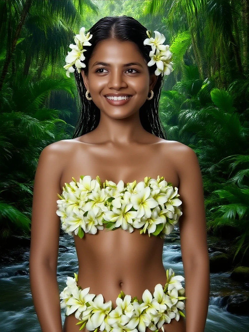 Caucasian woman with very beautiful long hair and blonde in bikini and flower headband posing for a photo, (((NSFW))), Mujer hecha de plantas, hecho de flores y frutas, hecho de frutas y flores, Estilo polinesio, Diosa de la naturaleza, exotic costumes, Hermoso disfraz, Ropa hecha de flores, Estilo polinesio, hecho de flores y hojas, Diosa de las flores, Characteristics of Samoan, Diosa de la naturaleza
