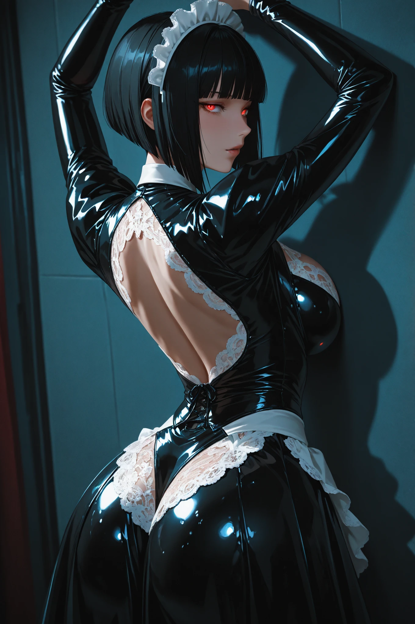 (17 year old maid, 7% pinch miniskirt), ((30% Maid clothes)), thigh, (1 sexy girl), (Masterpiece), Short black hair, realistic colors, Sharp focus, Depth of field, V-neckline with wide neckline, Intricate details, cinematic lighting, pretty, symmetrical face, Smile, (blush), (((Low angle view))), 10% thong, (((torso: 30% Lean forward) )), (((legs spread in an inverted V with a leg angle of 110 degrees)))