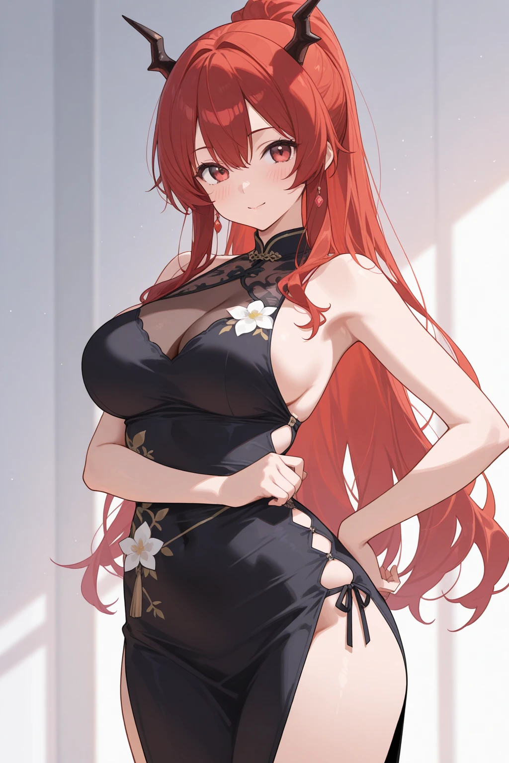 masterpiece,best quality,highres,ultra-detailed,(facing_viewer:1.1),cowboy_shot,solo,1girl,big_breasts,straight_long_hair,standing,outdoors,garden,cherry blossom trees,naked_dress,see-through dress,sleeveless,black dress,<lora:naked_dress:1>,tania, dragon girl, dragon horns, red hair, orange eyes, large breasts, long hair, <lora:Character_è¢«åèéä¼éé¤çé¦­ç¸ä½¿-å¡å¦®é:0.8>