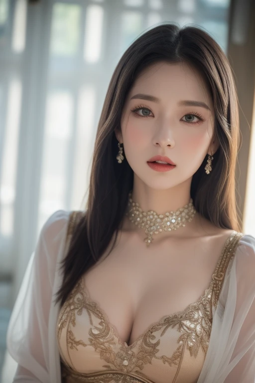 Create an image of a beautiful young woman wearing a skin-tight, skin-tight Thai dress with a cleavage on the side, exposing her stomach to the thighs. The fabric is so sheer that the nipples and skin of the wearer can be seen very sexy, and she is not wearing a bra., She can spread her legs wide to show off her genitals., She has a slim face., sharp eyes, long hair, responsive face, high nose, and thin lips, She has light brown hair., Breast size 32 inches with pink nipples., Her waist is 24 inches., Her hips are 33 inches., Her skin was bright and white., And her figure was slim and slightly muscular..