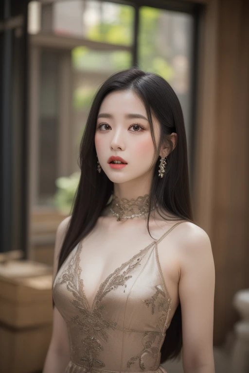 ((surreal、Super detailed image, maybe a photo.,Captures the details of the skin texture of an incredibly beautiful woman..))long straight black hair。Elegant floral dress.