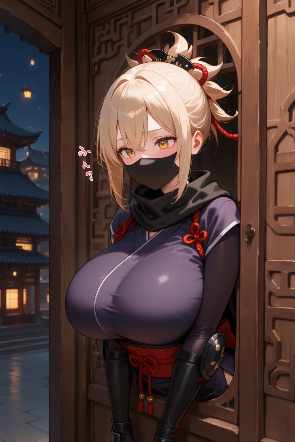 1girl,solo,super detailed skin,shiny skin,wet oily skin ,embarrassed,smile,orange hair,blunt bangs,hair rings,deep detailed eyes,eyelashes,half open eyes,lips gloss ,large breasts,asymmetry body suit,Shinobi clothes,arched back ,asymmetry clothes,shrine ,masterpiece,best quality,ultra detailed,high resolution,sharp focus