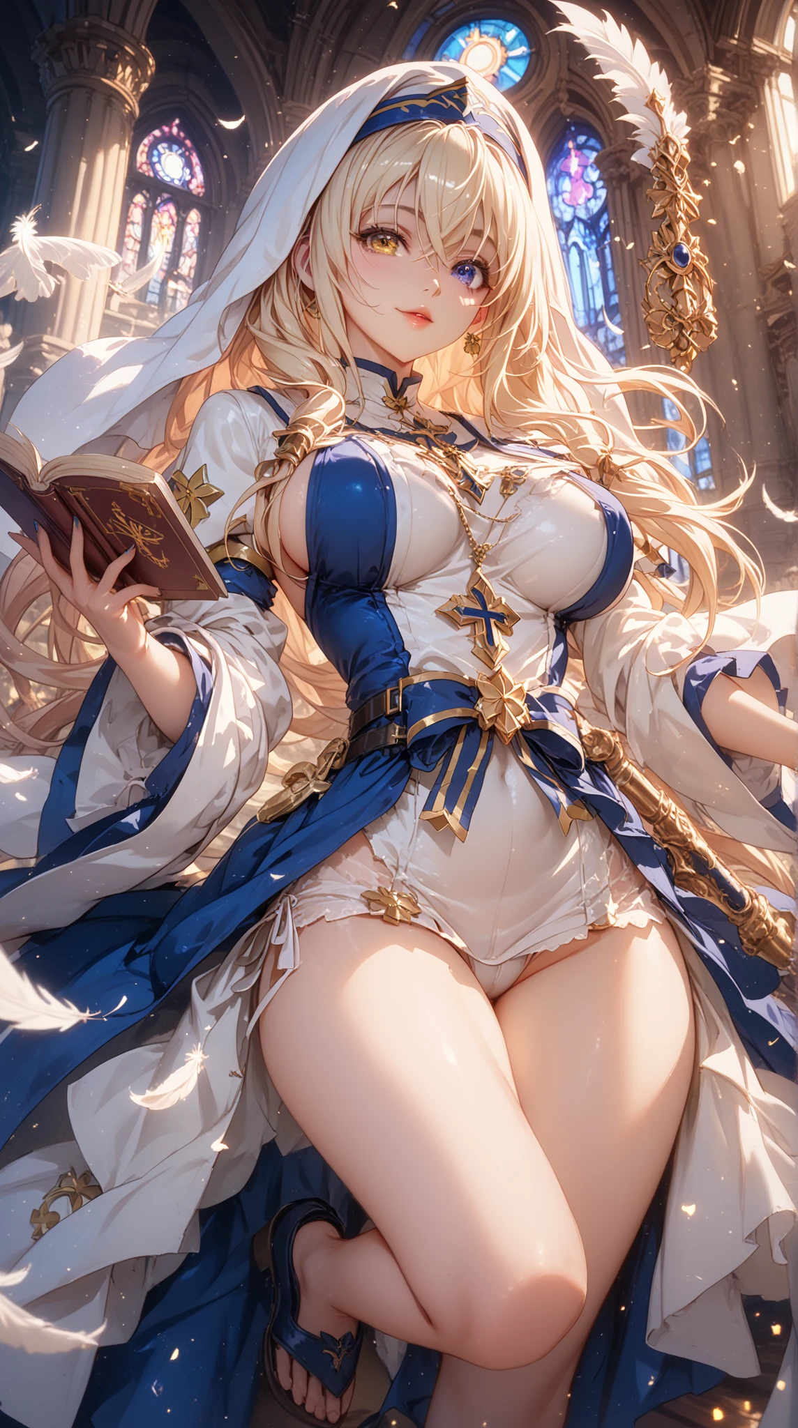 masutepiece, Best Quality, the Extremely Detailed CG Unity 8K Wallpapers, beauty queen costume, Long dark blonde wavy hair、gorgeous dress、Luxurious hair ornaments、Medium milk, Puffy nipple、Blushing, Shy laughter, Bare shoulders、sexy hips、high-heels、Luxurious magic wand and book、Church of the castle、sexy pose、(lyin in bed)、(((Open knees、open one's legs)))