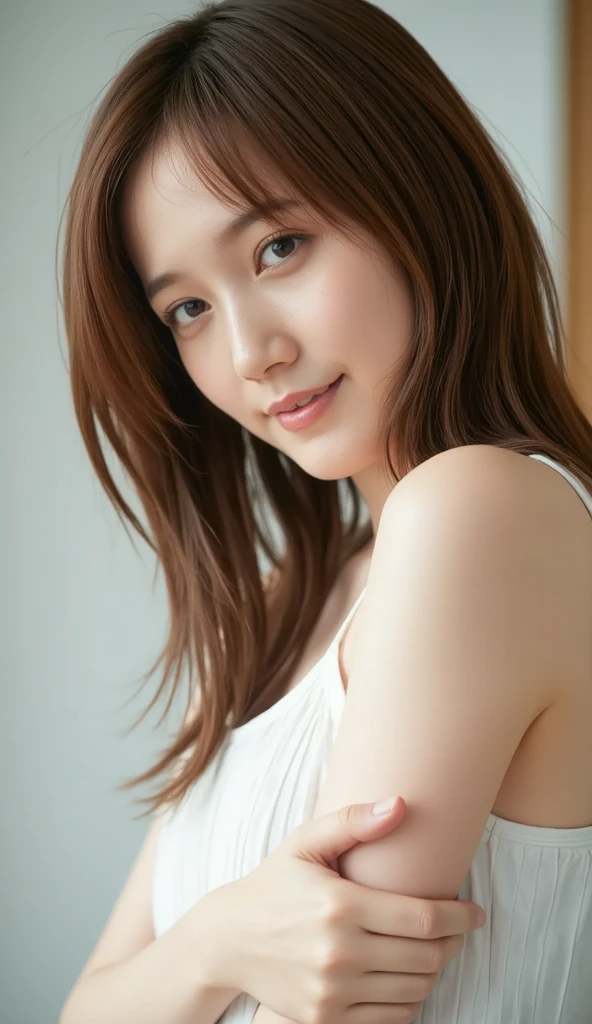 The best quality in the best condition, masterpiece, Ultra-high resolution, (Realistic:1.4), RAW Photos, One Girl,smile、Raise your arms and see your sides