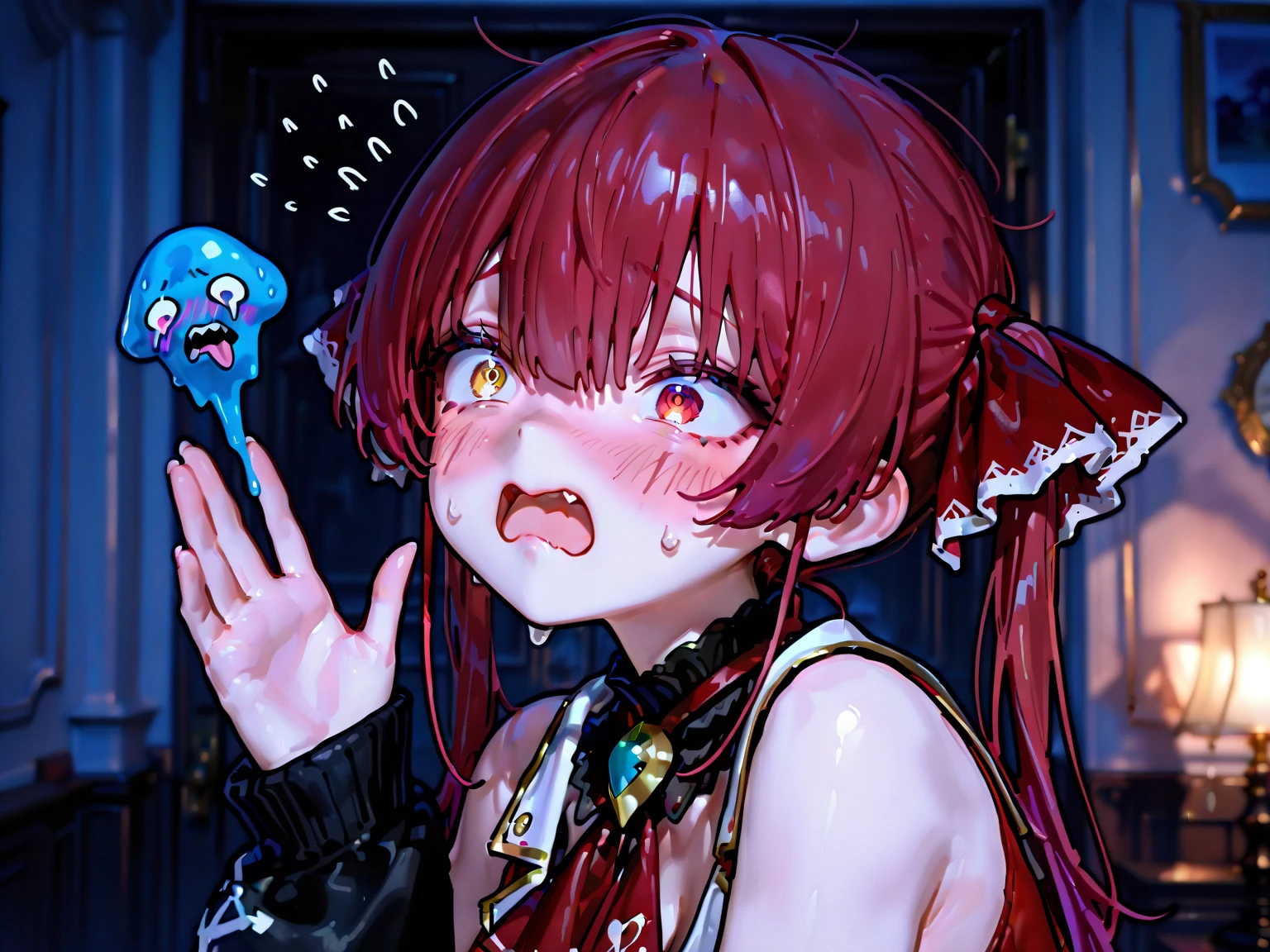 best quality, 8k, 32k, masterpiece, UHD:1.2), highres, sharp focus, beautiful detailed face, delicate details, (cartoon girl with her mouth open and teeth showing) , 1girl, solo, pov, no background, (face close up), ((looking at viewer)), (head up), not wearing headgear, (smile), ((red gum)), (((big teeth))), ((naked)), big mouth, (lighting forward), perfect teeth,round tip teeth, saliva, Twin_Turbo_Umamusume, aqua hair, twintails, heterochromia, purple eyes, blue eyes, (sharp teeth)