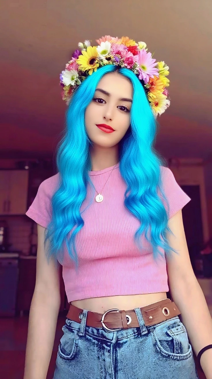 Mulher com cabelo azul sentado em uma cama com um vestido rosa, vestido rosa, roupa rosa