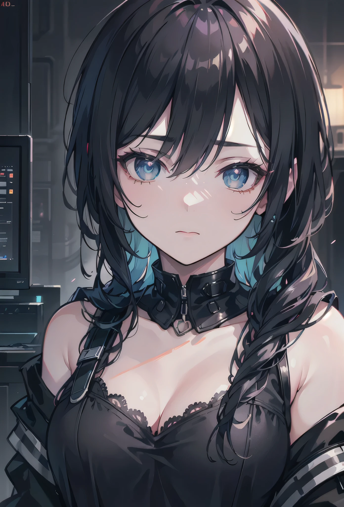 ((masterpiece)), seele hsr, 1girl, solo, purple_hair, long_hair, breasts, bangs, gloves, cleavage, hair_between_eyes, closed_mouth, purple_eyes, boots, black_gloves, fingerless_gloves, black_footwear, masterpiece, best quality, high quality, absurdres, shiny skin, colorful, dynamic pose, stunning art, best quality, hyper detailed, dynamic angle, beatlful detailed, reflective hair, good lighting, ray tracing, depth of field, ultra-detailed, illustration, Amazing, fine detail, extremely detailed, ((ultra-detailed)), (beautiful detailed girl), beautiful detailed glow, intricate detail, highres, an extremely delicate and beautiful, beautiful detailed eyes, realistic, hdr, rounded eyes, detailed facial features, (illustration), (beautiful detailed eyes), ((very detailed face)), depth_of_field, eyebrows_visible_through_hair, frills, looking_at_viewer, outdoors, (upper body:1.4), clothes reflecting light, (light diffraction on skin: 1.35), (glossy skin: 1.55), (Iridescence Effect: 1.55), (alleyway, night, neon lights, dimly lit, sign:1.5), critical angle, thick thighs,
