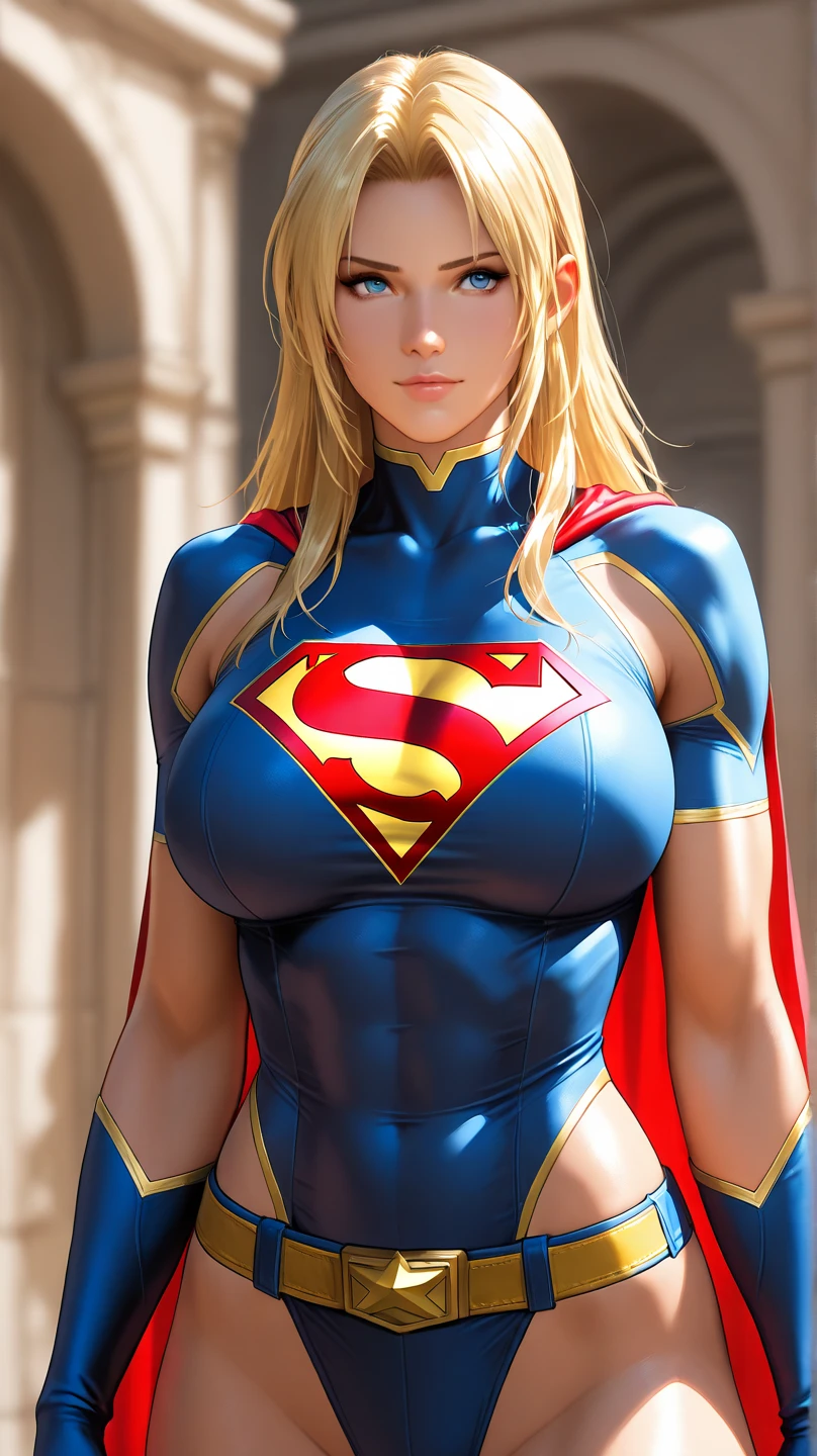 realistic, 1girl, blonde hair, blue eyes, bright blue eyes, cropped top, skirt, lips parted, blush, night, flowers, sun, sunlight, with Superman letter S on his chest.