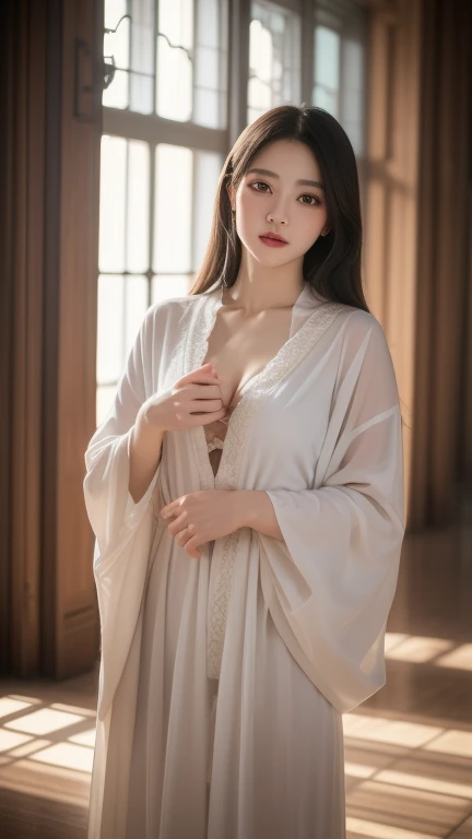 (best quality, masterpiece:1.2), Ultra-high resolution, Practical, forward lighting, Intricate details, Exquisite details and textures, 1 Girl, Solitary ,(young), Facial highlights, Upper Body, Delicate face, Tear mole, White skin, Silver Hair, Ponytail, Braided hair, Looking at the audience, big eyes, silk robe, (Hollow pattern, White, silk), earrings, Small Breasts, slim, VIP room, Professional lighting, Photon Mapping, Radiosity, Physically Based Rendering,