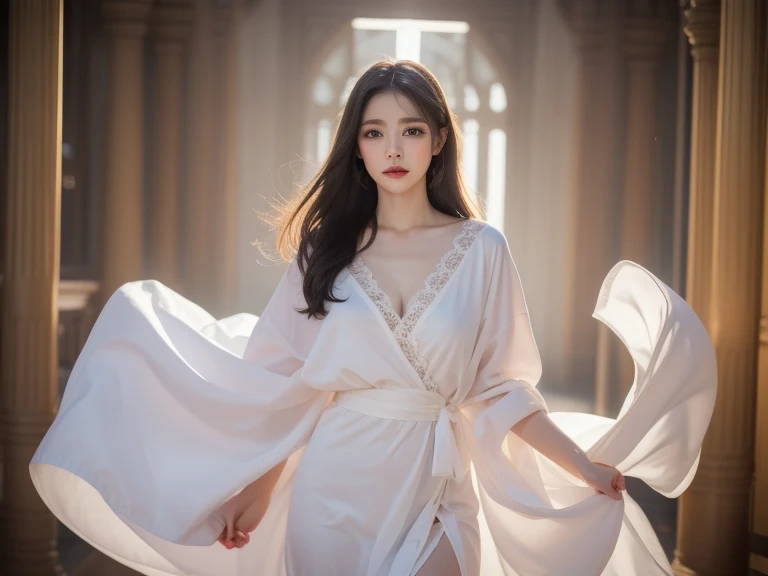 masterpiece, (best quality:1.2), (ultra-detailed:1.2), illustration, (an extremely delicate and beautiful:1.2),cinematic angle,floating, (beautiful detailed eyes:1.1), (detailed light:1.1),cinematic lighting, beautifully detailed sky, women, white lace, black hair, blue eyes, (high ponytail:1.1), cloak, glowing eyes, (moon:1.2), (moonlight:1.1), starry sky, (lighting particle:1.1), fog, snow painting, sketch, bloom, whole body capture, sitting image,