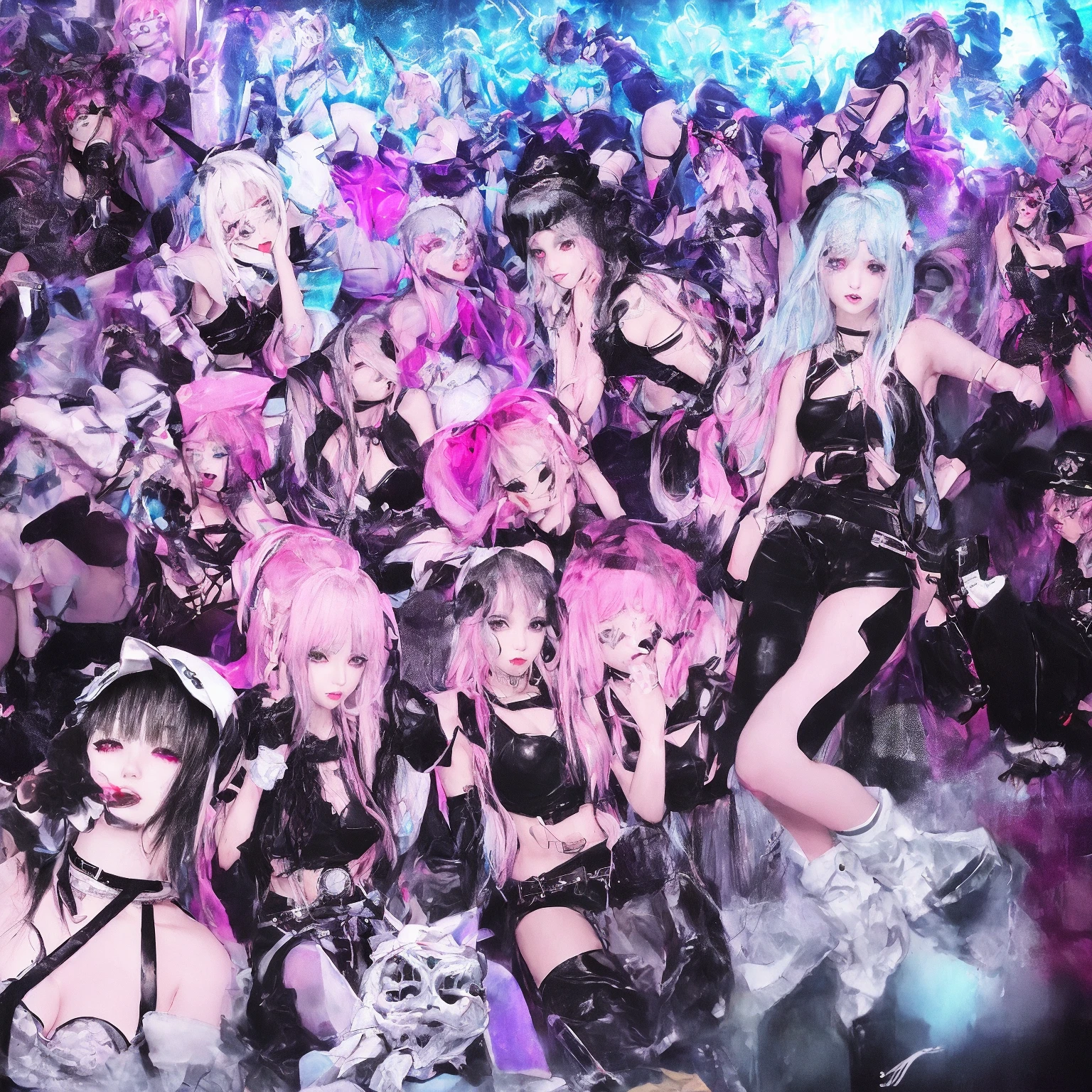 (masterpiece, 4k ,ultra detailed,raw photo:1.2),(anime:1),illustration,(photorealistic:1),
(f1.8 11mm:1.3),
(4girls playing music,lined-up:1.3),(35yo,mature:1.4),(girls_sandwich:1.4),
(film_grain,vignetting:1.2),
(attractive,absurdres:1),
(standing:1),(full_body:1.2),(legs_apart:1.2),
(simple background:1.4),
(indoor,dark,live music,rock concert,drum,electric guitar,base,metal band,concrete,speaker:1.2),
(dress,frill,lace:1.2),
(supermodel:1.4),(wide_hips,muscular:1),(black hair,pink hair,blonde hair,white shimmer hair),
<lora:hipoly3DModelLora_v20:0.2>,
<lora:flat2:-0.5>,
<lora:Gothpunk:0.6>,Goth_punk,
<lora:epiNoiseoffset_v2:1.5>,
<lora:anime_guitarv1:0.8>,
<lora:englishdolllikeness_v10:0.6>