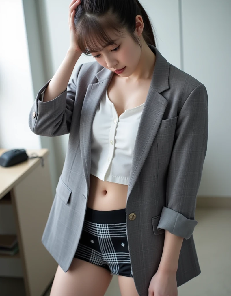 20-year-old、suit、gather、shirt、ponytail、underwear