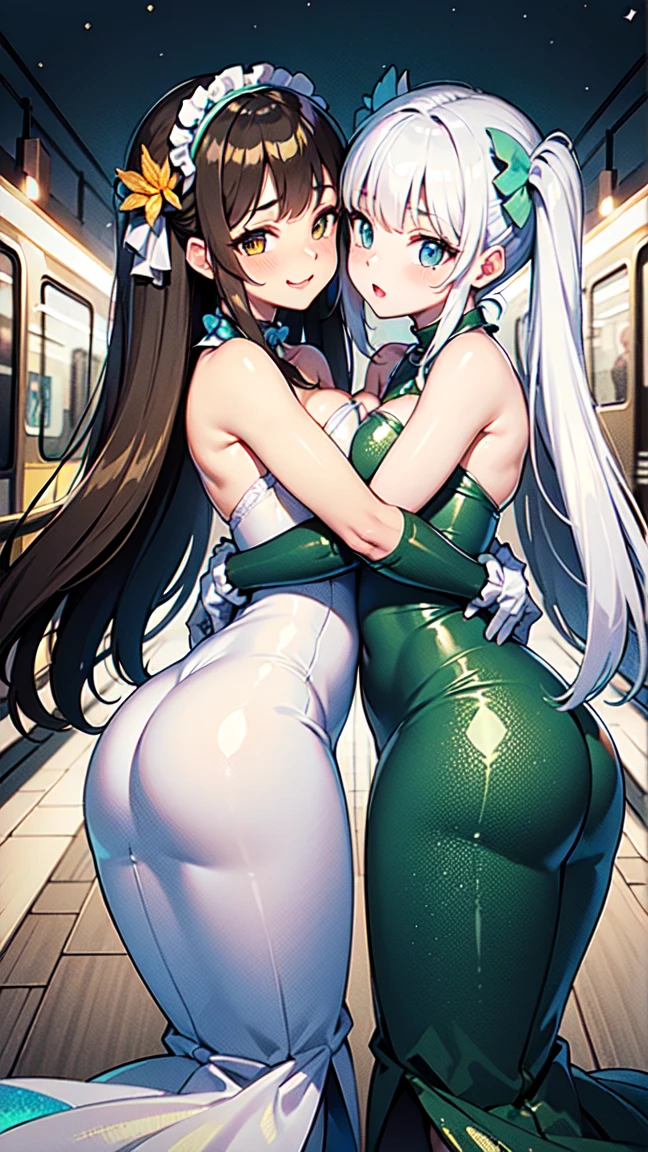 2girls, In an alleyway, (girl 1: long pink hair), (girl 1: pink panties), (girl 1: black corset), (girl 1: arms tied behind back),  furiously yelling at girl 2, (girl 2: brunette in green leotard:1.2), extreme close up focus on faces, face to face
