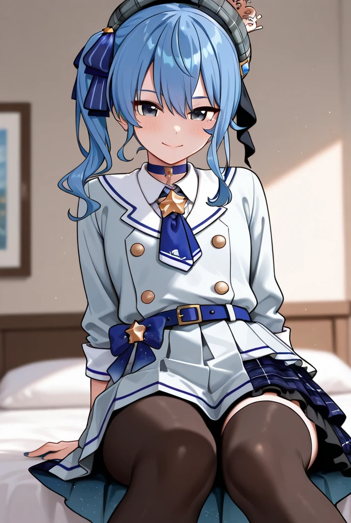 (masterpiece、highest quality、Super detailed)、((1 girl))、((side tail))、evil smile、((grin and laugh))、hoshimachi suisei,vapor、((flat tits))、((1 boy))、(vein penis)、(((( standing footjob )))) 、bedroom background、