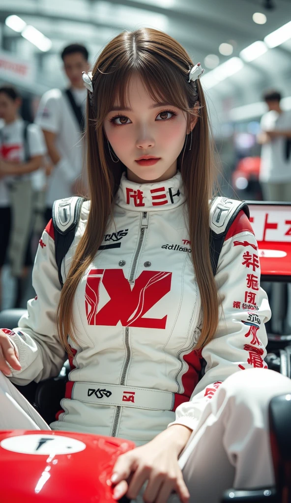 One Girl, 1 person,Highest quality,High resolution,超High resolution,8k,Realistic,Upper Body,encounter_audience,Large Breasts, the body is slim,(Race Queen  Costume:1.2), circuit,F1 Race,