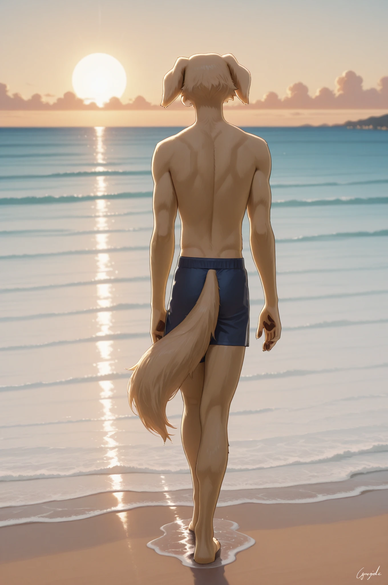 Man, male, young, boy, white hair, blue eyes, cat ear, shirtless , medieval, neko, gsyo ear, beach background