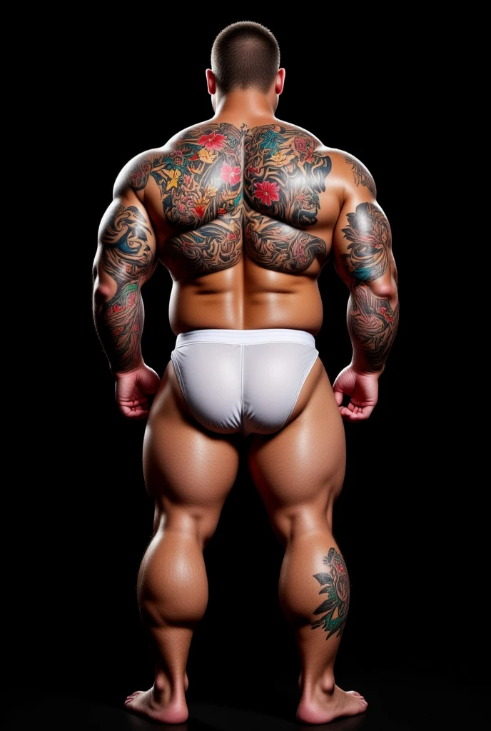 Hyperrealistic image of a Korean superhero with gray hair, burlesque dancer with two huge symmetrical butterfly wings, very old and very sweaty, bodybuilder over 80 years old, very muscular and fat, weighing more than 200 kilos with a naked torso, large and flaccid pectorals, brown nipples and big gray mustaches with huge tattooed arms dressed in red lace lingerie on a burlesque stage 