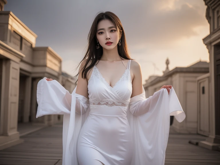 best quality,symmetry,realistic,real life,photography,masterpiece,best quality,8K,HDR,(absurdres:1.2),night,Kodak portra 400,film grain,（bokeh:1.2）,lens flare,(1girl:1.5),(looking at viewer ),large breasts,(zettai ryouiki:1.2),(full body:1.3),(white  dress:1.3),silk stockings,high stockings,Cheongsam,