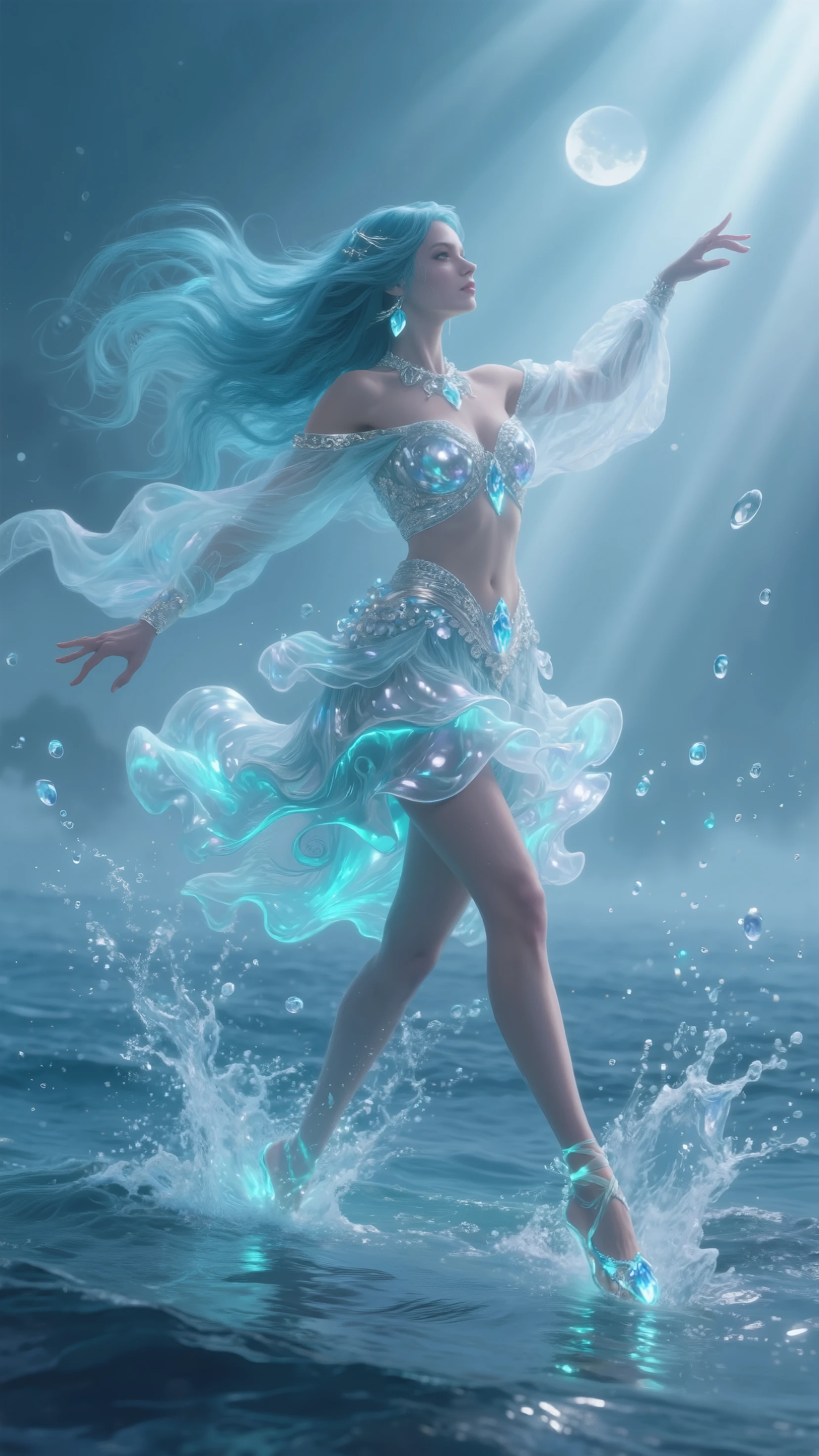 1girl, rainbow colored hair, liquid hair, long hair, floating hair, full body, standing, nude, curvy, liquid clothes, style-swirlmagic, water,waves, tsunami,tide,sea,water dress,fantasy, high contrast, ink strokes, explosions, over exposure, purple and red tone impression , abstract, ((John Berkey and Jeremy Mann )) brush strokes, negative space, perfect lighting, perfect shading, stunning, beautiful, gorgeous, stressed, facing light, <lora:GoodHands-vanilla:0.8>,  <lora:Bandeau-fC-V1:1>