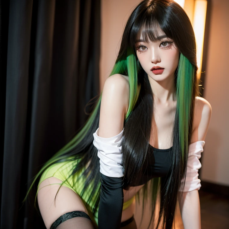 Best Quality, Masterpiece, High Resolution, 8K, (Realistic: 1.4), Ultra High Resolution, 1 Girl, Belgian-chinese girl, green blak colour hair, messy long hair style, Ultra Detailed, Surreal, Highly Detailed CG Illustration, Official Art, Cinematic Light, Reality, Young Beautiful Girl, Perfect Figure, Perfect Figure, Full View, Perfect Body, (Starting below: 1.3), Mask, Pose, Sexy Long Legs, Confident, Beautiful Sexy, Grey Short Sleeves, Open Abdomen, Black Super Shorts, S-shaped Body, Upturned Hips, Assuming, Posing, Different Perspectives