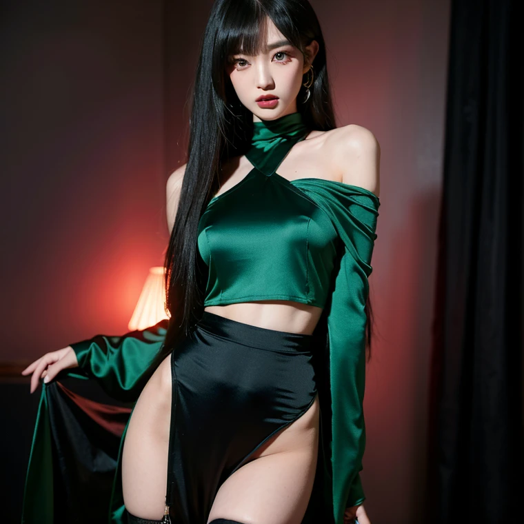 a girl. face sent feeling. Europe. Oval face. long face. delicate facial features. sad eyes. seductively seductive. green eyes. long straight hair. green hair like. cute expression. big body. Pleated silk skirt. straight face