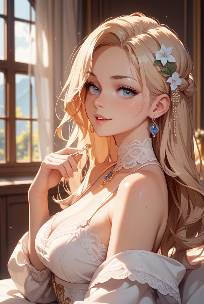 stunning blonde hair, beautiful detailed eyes, beautiful detailed lips, extremely detailed face, intricate hairstyle, detailed hair strands, Flowing long hair, flawless skin, porcelain skin, delicate facial features, sundress, graceful pose, soft lighting, natural lighting, warm color palette, (best quality,4k,8k,highres,masterpiece:1.2),ultra-detailed,(realistic,photorealistic,photo-realistic:1.37),high quality portrait