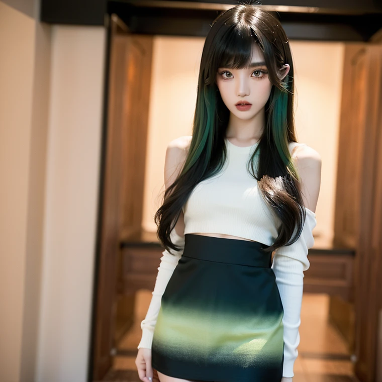 1 Girl, Green hair, long hair, black shirt, Beautiful curves, Hot body, Realistic, Ultra detail