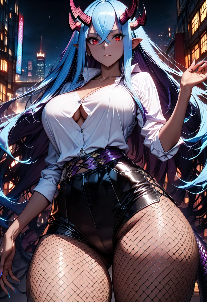 A colossal giantess succubus walks into a tiny city, breaking the floor and everything with her heels, she looks down and mocks you as you see from below her tiny tits and long legs covered in transparent stockings, look down, better quality.