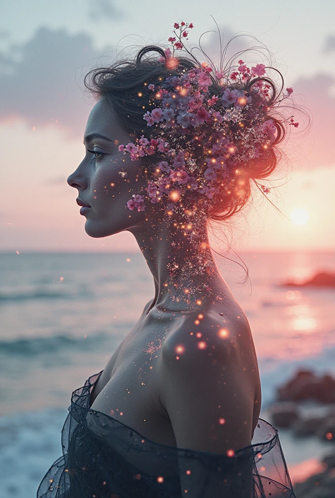 High quality, 8K Ultra HD, Una hermosa double exposure que combina una silueta de diosa con la costa al atardecer, the coast at dusk should serve as a backdrop, with its details incorporated in the goddess, sharp lines, The background is monochrome, sharp focus, double exposure, by yukisakura, stunning full color