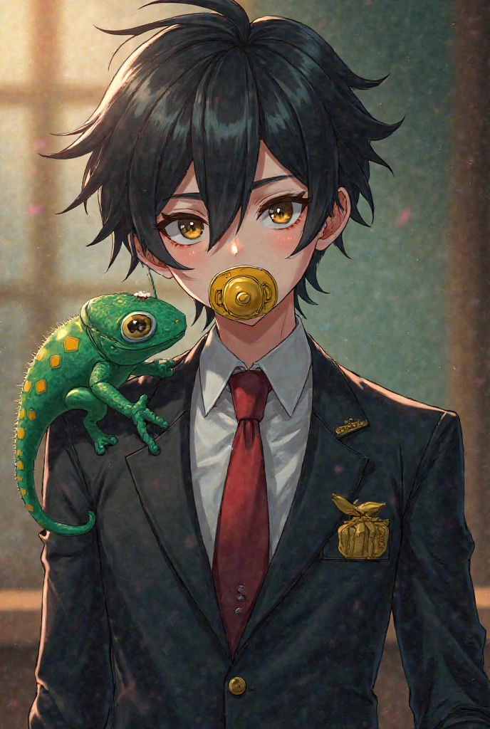 Tutor Reborn Character Remodeling，Anime character design，Black Haired  Form，Small suit，Yellow Pacifier，Green Chameleon Pet，Italian Mafia Background，Education system，Robotics，Magic Cube Element，Highest quality skin，Focused eyes，4K Ultra HD，realistic style，Perfect details，qualidade de obra-prima，Professional Anime Illustration