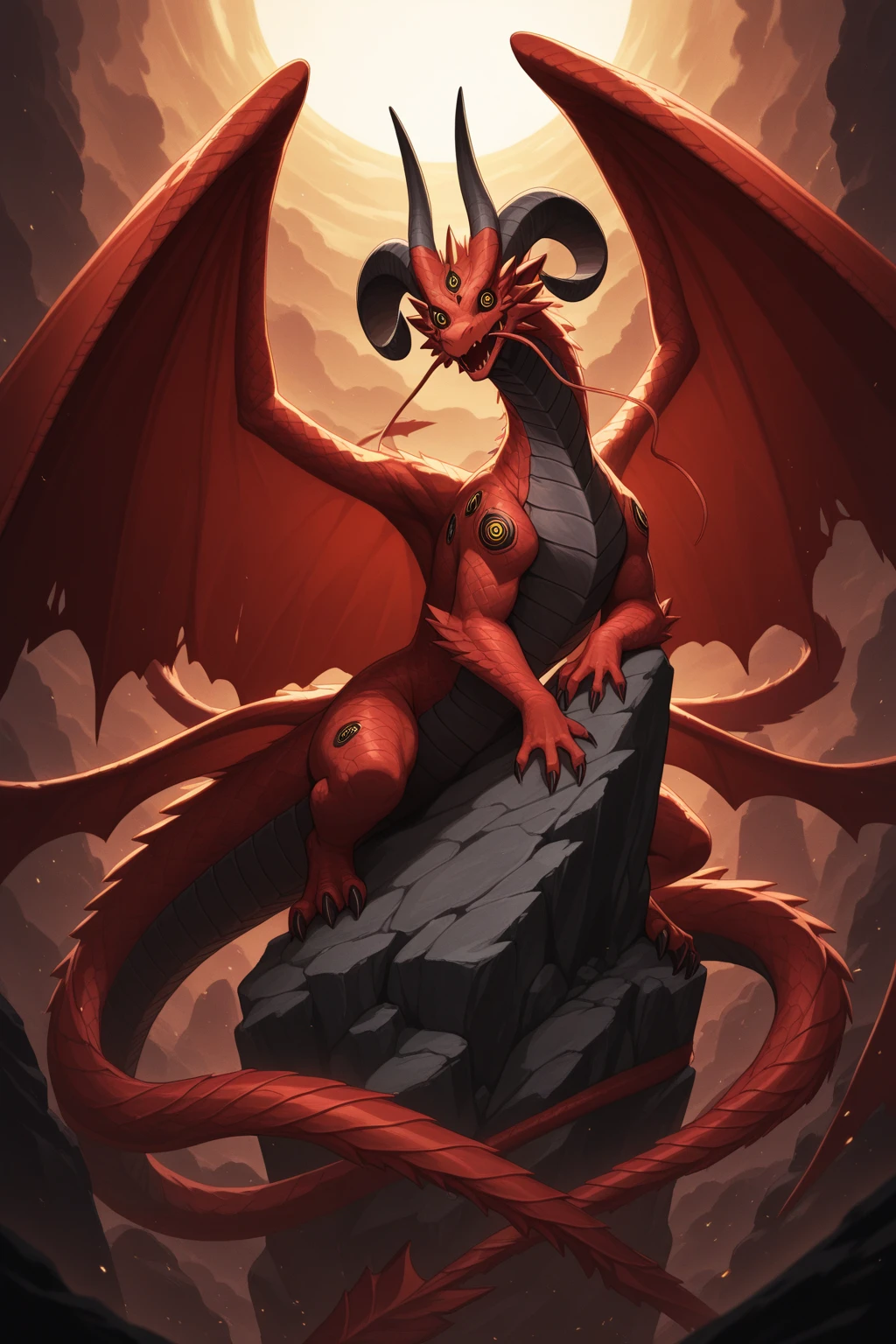 Female, large, fierce dragon, wearing golden jewelry, bathing in lava, pouring lava over herself, dark cavern, underground, lit from below, maroon scales shimmering in dark, muscular