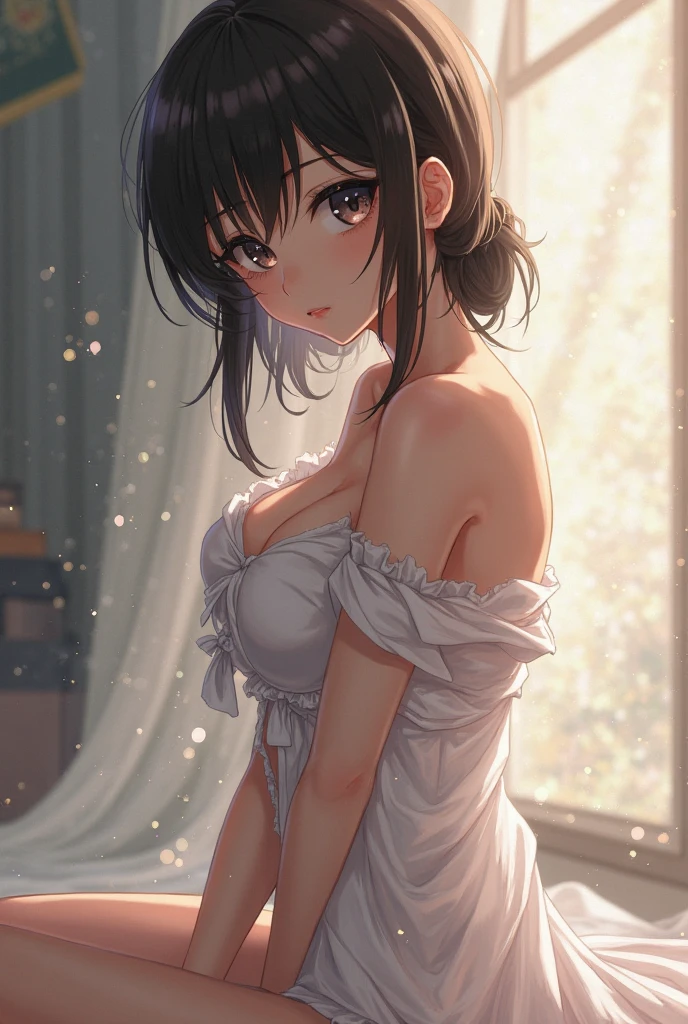 (masterpiece、top-quality、hight resolution), A scene of a married woman changing clothes. The camera focuses mainly on the upper body to capture the grace and elegance of her movements. She is not looking at the camera and seems to be either thinking or changing nonchalantly. The location is a private, brightly lit room with an everyday atmosphere. The entire scene conveys natural beauty and everyday intimacy.