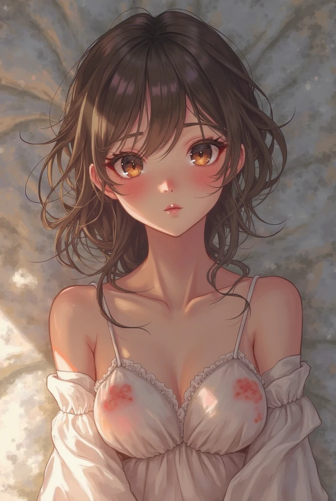 12-year-old cute 1loli:1.3、pretty infant:1.4, independent、Look forward、Light eye makeup、Brown Hair Color、Hair blowing in the wind、Quality of actress、Shiny, Ultra-realistic cowboy shot、blush、Watery eyes、look up、Soothing lighting effects、 Ultra-Realistic Capture、Very detailed、High resolution 16k human skin closeup, Skin texture must be natural、Must be so detailed that pores are visible、skin is healthy、Must be of taking off see-through camlsole tone、Use natural light and color、High quality photos taken by modeling agencies, Exclusive photographer, smile, break. cleavage of the breasts, ?????? slip, nipples visible through clolthes, no bra, ??????