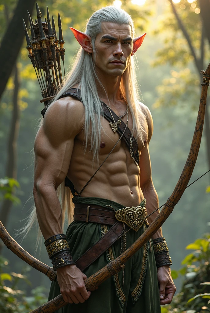 Man elf, handsome,Britisher, elf ears,short hair,Linen Whitegold hair color ,,sport body, big muscle, Handsome face,flawless white skin, cute, pointed ears, wood elf, bowman, pull the bow, pull the bow, shooting bow, action pose, arrows, quiver, leather belt, chest guard, arm guard, shirtless, boots, full body,(Absurdres, intricate details, masterpiece, best quality, high resolution, 8k),(18 year old boy ,(pleased, pleasure face , blush, horny smirk, forest background, big bulge, nsfw, see through,big bulge and big butts,(Best quality, 8k, Masterpiece).,Smiling face, good mood.highest detail, superior quality, natural lighting, beautiful, sexy, correct anatomy, good composition,realistic shapes, realistic skin tones,Natural eyes,realistic eyes,looking up at viewer,vpl,realistic muscles,Realistic wrinkles on the skin,Realistic arms and legs,Realistic face,realistic hair,Make a sexy and seductive face, man focus,amazing composition, front view, HDR, volumetric lighting, ultra quality, elegant,Post a erotic photoshoot,Realistic pose,detailed hair,full body,Fujifilm XT3 photorealistic art by midjourney