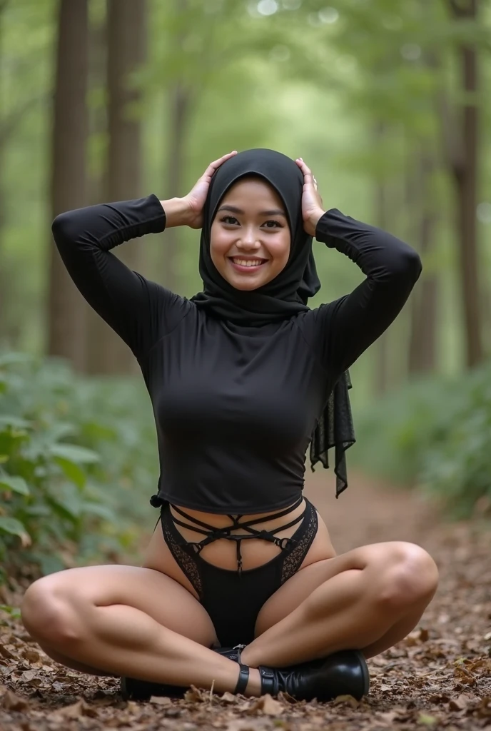 A 52 years old naked Indonesian woman in hijab, very dense pubic hair, dark skin, curvy body, short body, flat-chested, small breasts, villager, poor woman, wearing floral pattern hijab, wearing black long sleeve tight t-shirt, bottomless, wearing no pant, wearing no skirt, wearing no panties, smiling and standing by the lake in the bamboo forest, look to the viewer with eye close