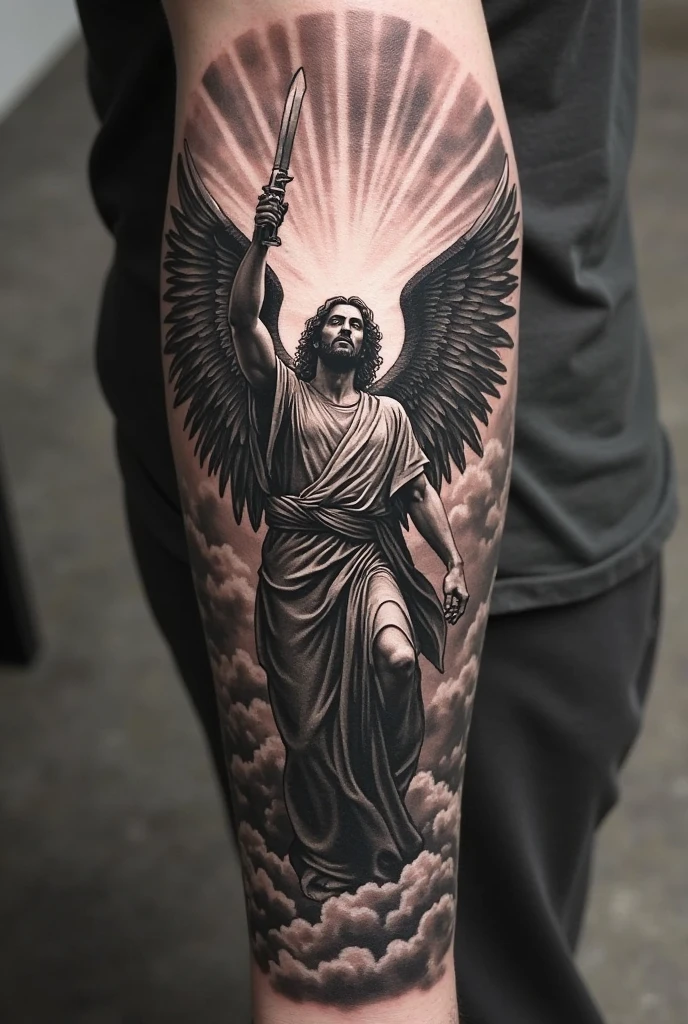 First understand this explanation about the God Kairos: Portrayed as a bald young man with only a lock of hair on his forehead, he had unparalleled agility, having wings on the shoulders and heels. Now create a tattoo that will be done on the male forearm, of the Greek mythology God Kairos. Where he's holding his scales above his head, enveloped by clouds. Get a blackwork style tattoo, with dotted details. The tattoo of the god Kairos should be created from the waistline.