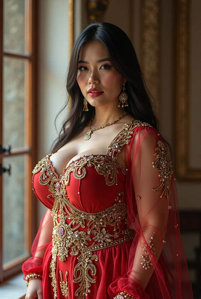 masterpiece, malaysian girl, indonesian girl ,ultra realistic,32k,intricate details, sharp focus, realistic, closed, seductive pose, black eyes, jewelr, lips, realistic, looking_at_viewer, wet skin, shiny skin, SHORT SLEVES, indonesian clothes, bali, balinese, cityscape, transparent standing pose,(( red kebaya)),perfect breast, big breast, full body,busty body,curvy body,long hair,beauty face,cowboy shot,