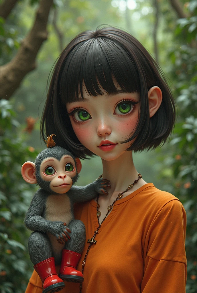 A (((tween holding a monkey and a monkey in her arms,))) Nami from one piece. Wearing micro skirt. ((And her get hugs with Lewd monkey in jungle)).(realistic arts), intricate, (monkey craves her carnally)