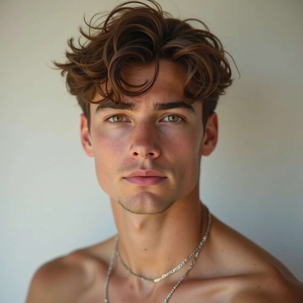 (best quality, 4k, 8k, high resolution, Masterpiece: 1.2), ultra detailed, (realistic, photorealistic, photorealistic: 1.37), 1 male model, albino skin color, green eyes, brown hair, slightly curly hair , wears a necklace with diamonds, showing her armpits, sexy pose, serious face, muscular and slim build, the model is 17 years old, thick and strong biceps, front face photo