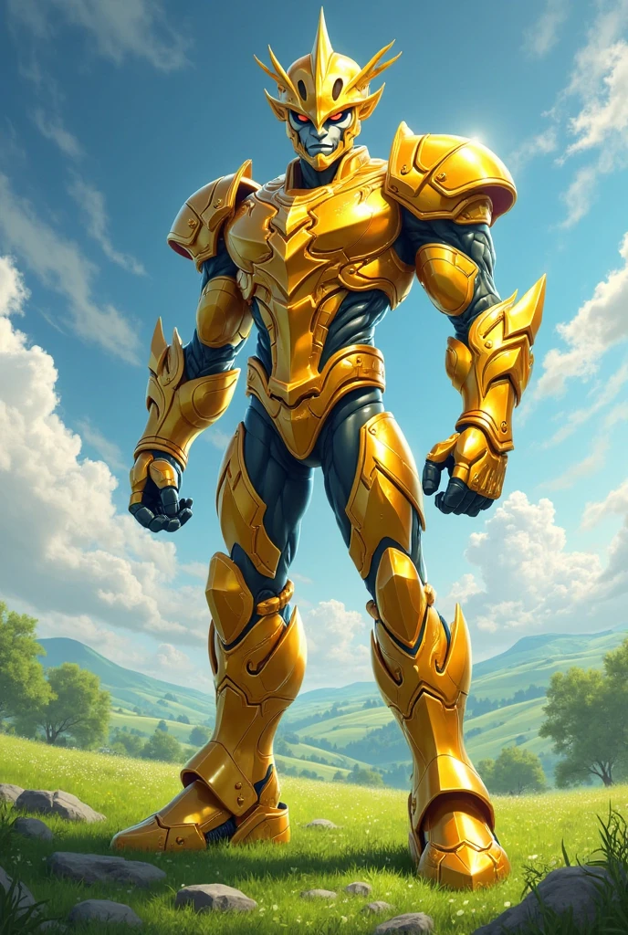 muscular man,made of metal,(cyborg:1.1),Arafed man in yellow shirt and blue shorts standing on a hill, tjalf sparnaay 8 k, Michel - ange 8 k, very happy!, Craig Mullins 8 k, with a castle in the background, Guillaume tholly, Ludovic Plouffe, David A, very happy, album photo, solo 3 / 4 portait --auto --s2